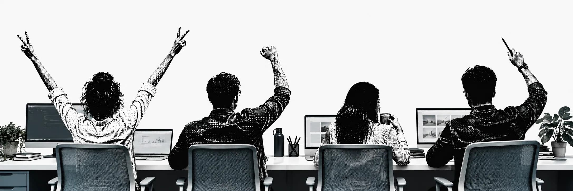 The Buildex team at their desks, arms raised.